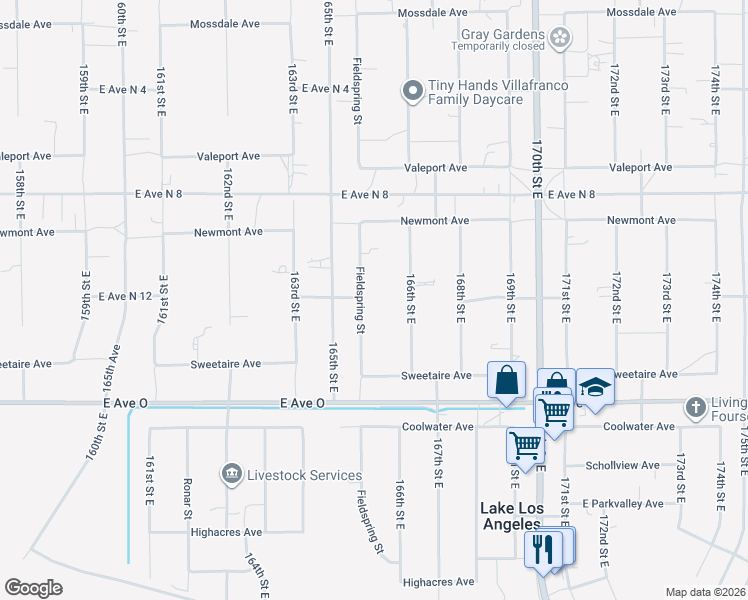 map of restaurants, bars, coffee shops, grocery stores, and more near 40596 Fieldspring Street in Lancaster