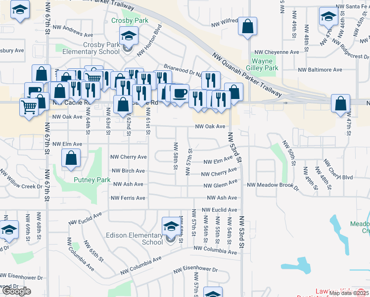 map of restaurants, bars, coffee shops, grocery stores, and more near 1256 Northwest 57th Street in Lawton