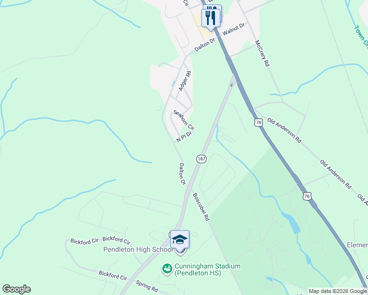 map of restaurants, bars, coffee shops, grocery stores, and more near 2 Dalton Drive in Honea Path