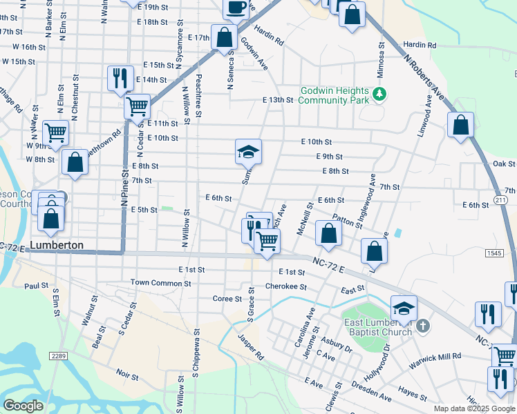 map of restaurants, bars, coffee shops, grocery stores, and more near 511 Godwin Avenue in Lumberton