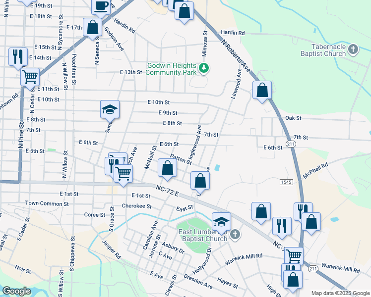 map of restaurants, bars, coffee shops, grocery stores, and more near 529 Inglewood Avenue in Lumberton