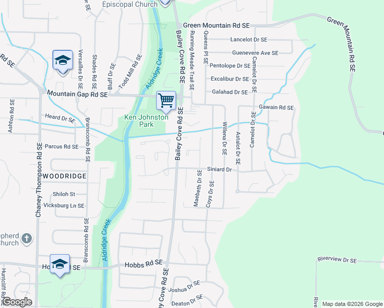 map of restaurants, bars, coffee shops, grocery stores, and more near 1206 Maebeth Circle Southeast in Huntsville