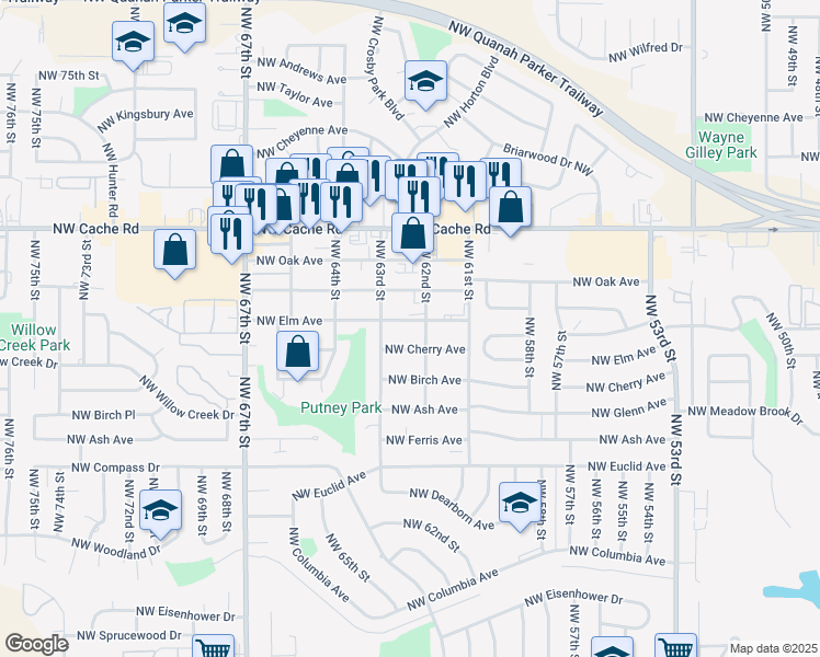 map of restaurants, bars, coffee shops, grocery stores, and more near 6215 Northwest Cherry Avenue in Lawton