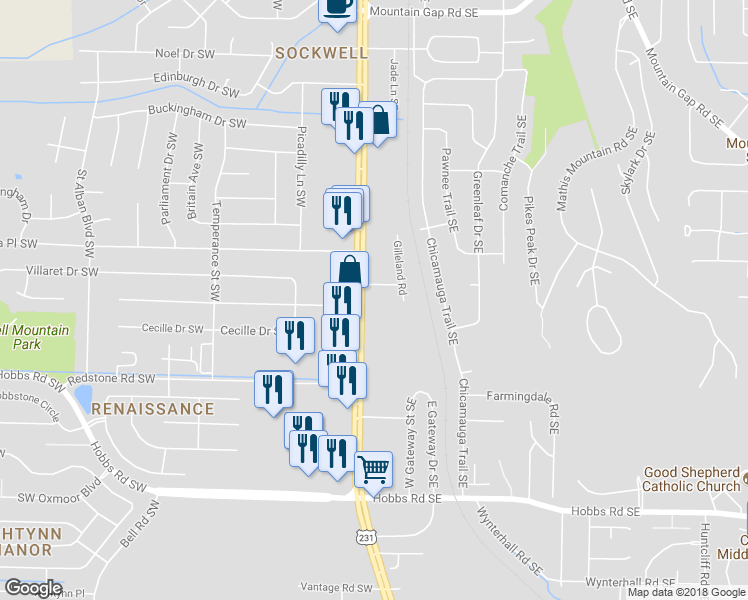 map of restaurants, bars, coffee shops, grocery stores, and more near 11547 Mims Court Northeast in Huntsville