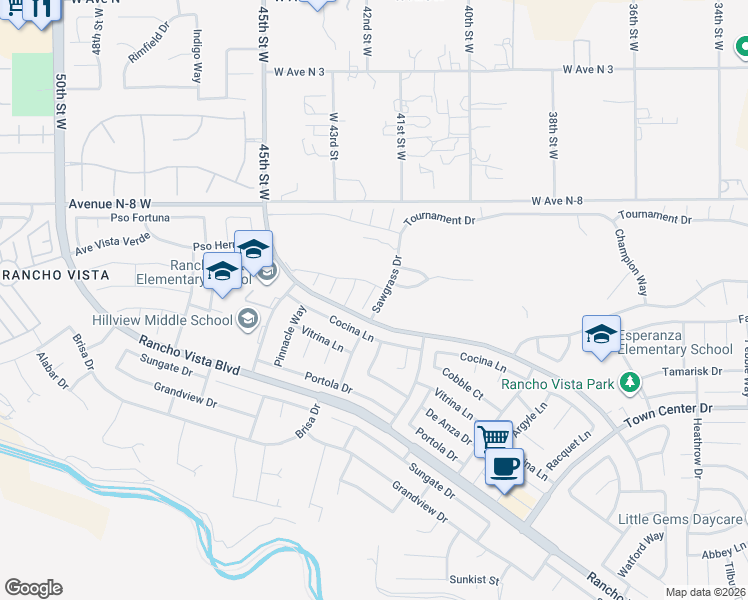 map of restaurants, bars, coffee shops, grocery stores, and more near 40606 Shinnecock Court in Palmdale