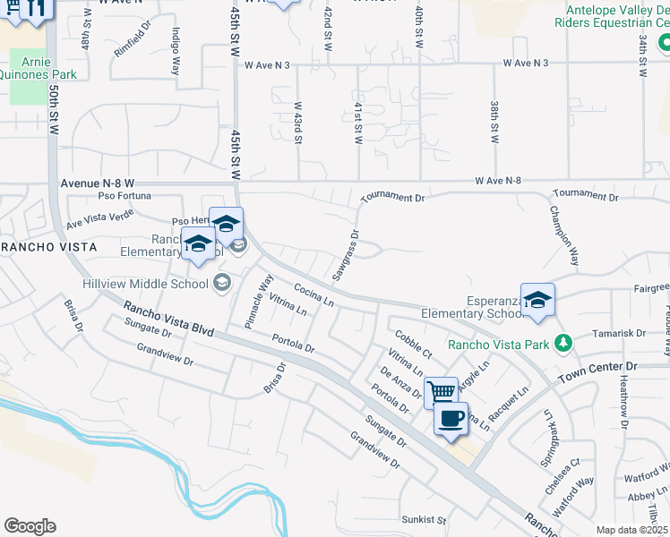 map of restaurants, bars, coffee shops, grocery stores, and more near 40606 Shinnecock Court in Palmdale