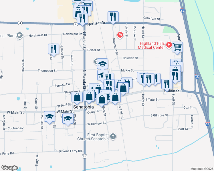 map of restaurants, bars, coffee shops, grocery stores, and more near 138 North Front Street in Senatobia
