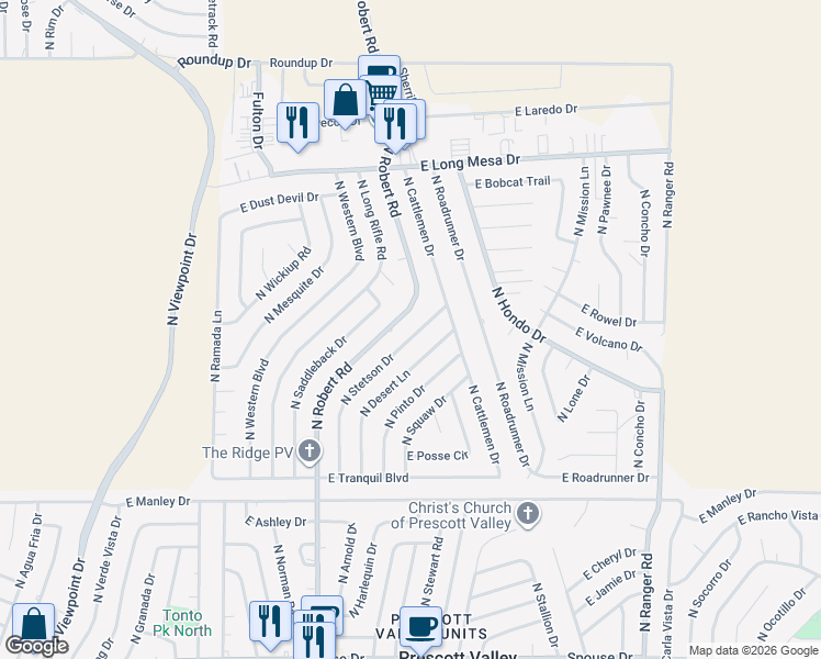 map of restaurants, bars, coffee shops, grocery stores, and more near 5348 North Stetson Drive in Prescott Valley