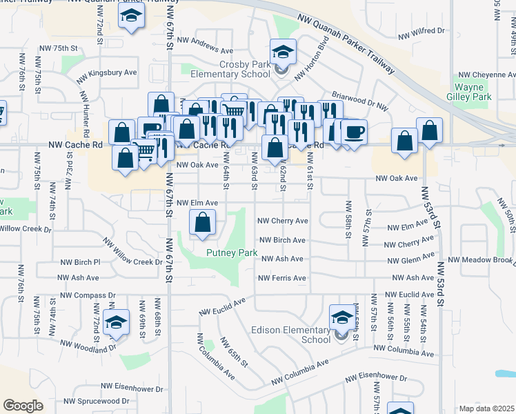 map of restaurants, bars, coffee shops, grocery stores, and more near 6216 Northwest Elm Avenue in Lawton
