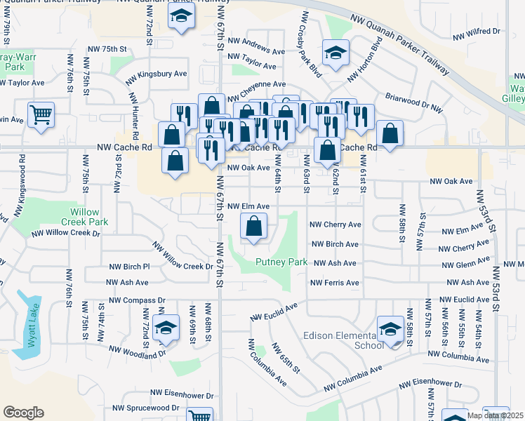 map of restaurants, bars, coffee shops, grocery stores, and more near 6410 Northwest Elm Avenue in Lawton