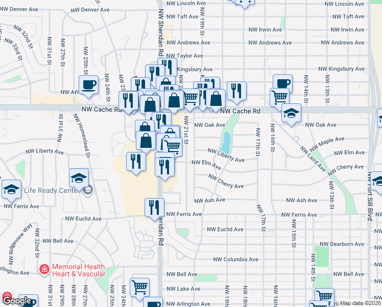 map of restaurants, bars, coffee shops, grocery stores, and more near 906 Northwest 20th Street in Lawton