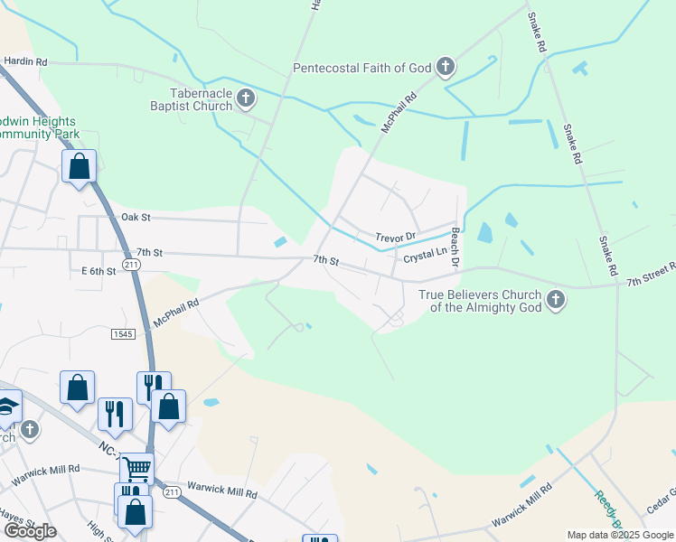 map of restaurants, bars, coffee shops, grocery stores, and more near 40 Maple Drive in Lumberton