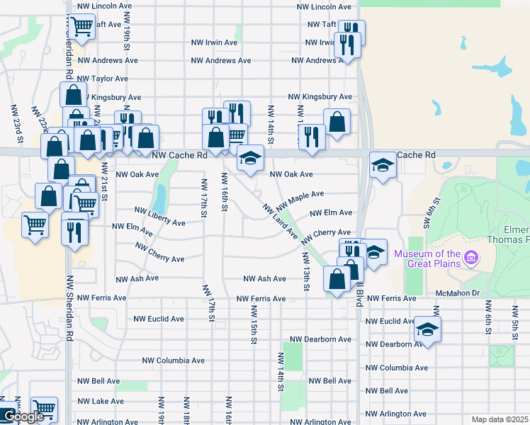 map of restaurants, bars, coffee shops, grocery stores, and more near 1102 Northwest Laird Avenue in Lawton