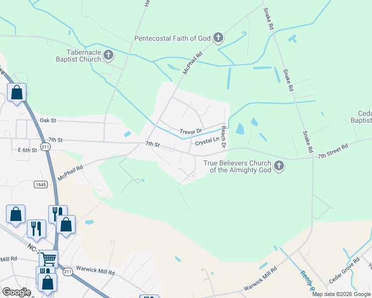map of restaurants, bars, coffee shops, grocery stores, and more near 2405 7th Street in Lumberton