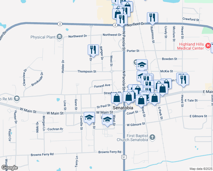 map of restaurants, bars, coffee shops, grocery stores, and more near 303 Beauregard Street in Senatobia