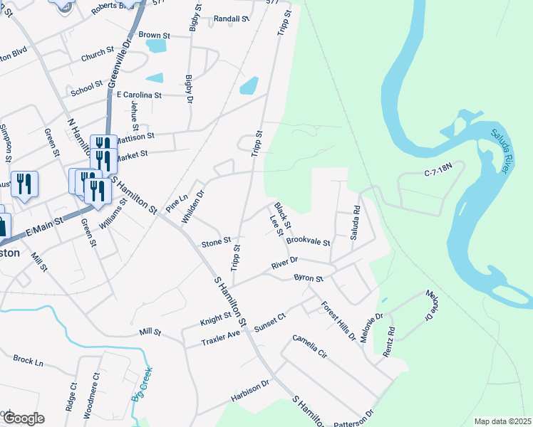 map of restaurants, bars, coffee shops, grocery stores, and more near 203 Lee Street in Williamston