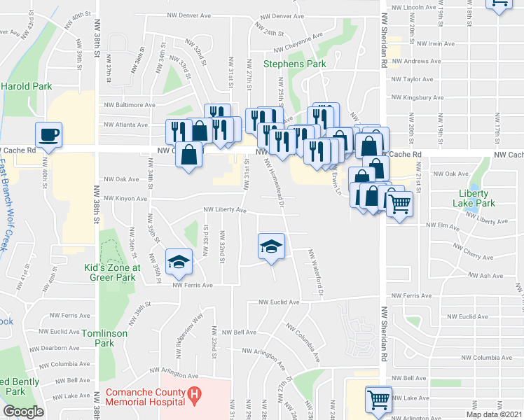 map of restaurants, bars, coffee shops, grocery stores, and more near 2907 Northwest Liberty Avenue in Lawton