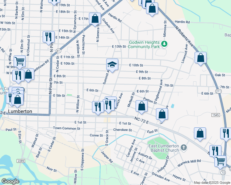 map of restaurants, bars, coffee shops, grocery stores, and more near 511 Godwin Avenue in Lumberton
