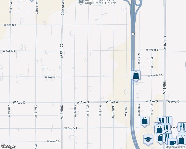 map of restaurants, bars, coffee shops, grocery stores, and more near 1635 West Avenue North 12 in Palmdale