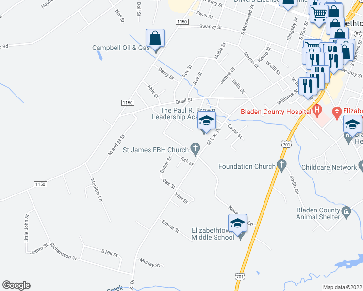 map of restaurants, bars, coffee shops, grocery stores, and more near Newkirk Street in Elizabethtown