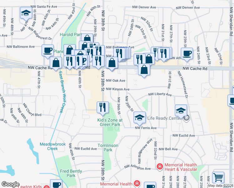 map of restaurants, bars, coffee shops, grocery stores, and more near 735 Northwest 36th Street in Lawton