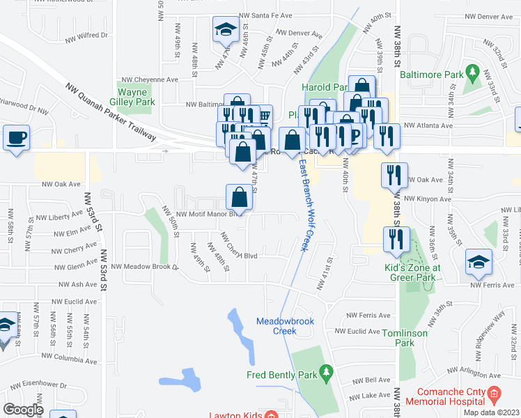 map of restaurants, bars, coffee shops, grocery stores, and more near 4437 Northwest Wolfcreek Boulevard in Lawton