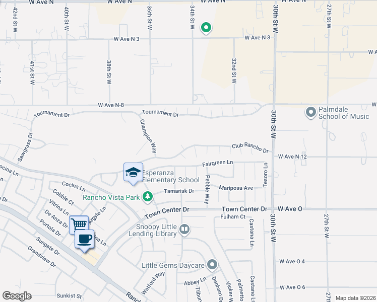 map of restaurants, bars, coffee shops, grocery stores, and more near 3414 Club Rancho Drive in Palmdale