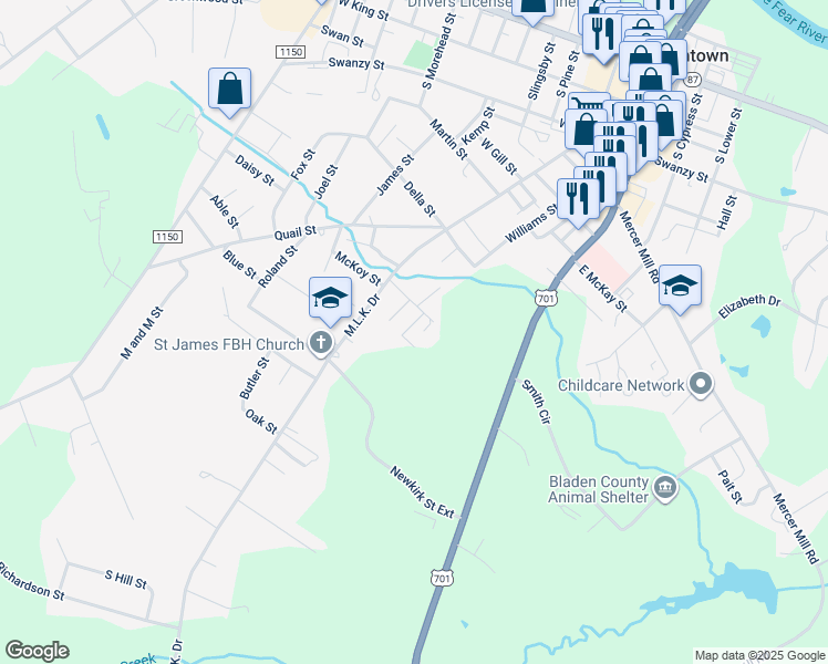 map of restaurants, bars, coffee shops, grocery stores, and more near Lewis McOwen Drive in Bladen County