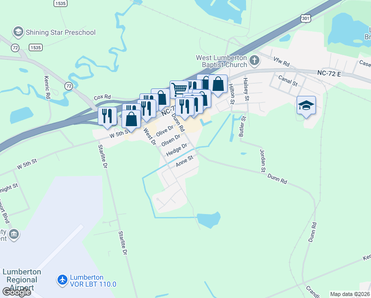 map of restaurants, bars, coffee shops, grocery stores, and more near 2906 Anne Street in Lumberton