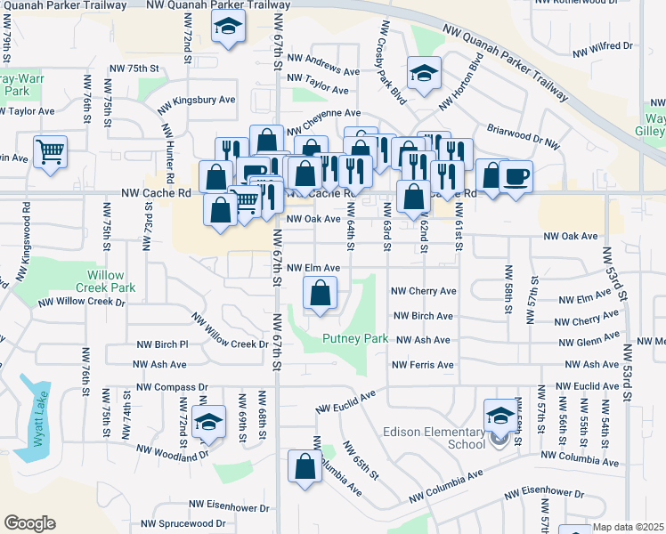 map of restaurants, bars, coffee shops, grocery stores, and more near 6410 Northwest Elm Avenue in Lawton