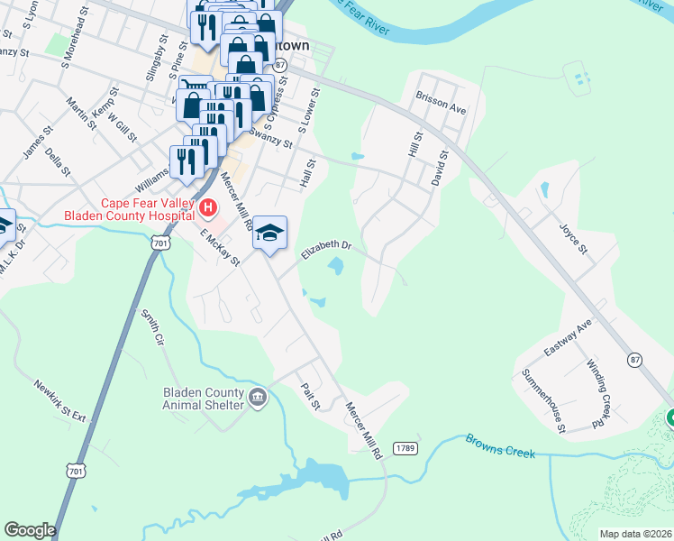 map of restaurants, bars, coffee shops, grocery stores, and more near 606 David Street in Elizabethtown