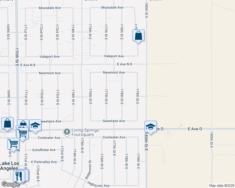 map of restaurants, bars, coffee shops, grocery stores, and more near 40629 178th Street East in Lake Los Angeles