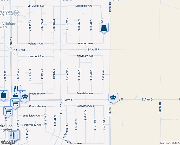map of restaurants, bars, coffee shops, grocery stores, and more near 40629 178th Street East in Lake Los Angeles