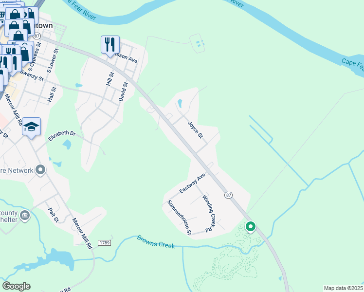 map of restaurants, bars, coffee shops, grocery stores, and more near 1400 East Broad Street in Elizabethtown