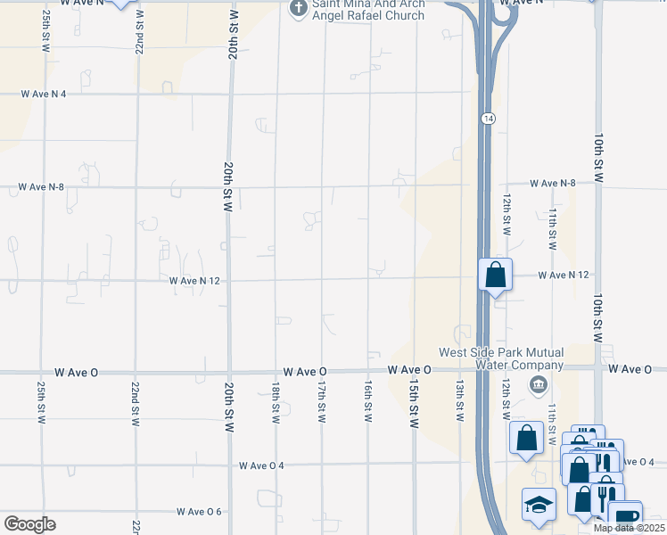 map of restaurants, bars, coffee shops, grocery stores, and more near 1635 West Avenue North 12 in Palmdale