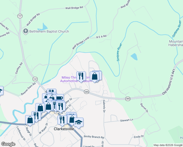 map of restaurants, bars, coffee shops, grocery stores, and more near 212 Old Clarkesville Mill Road in Clarkesville