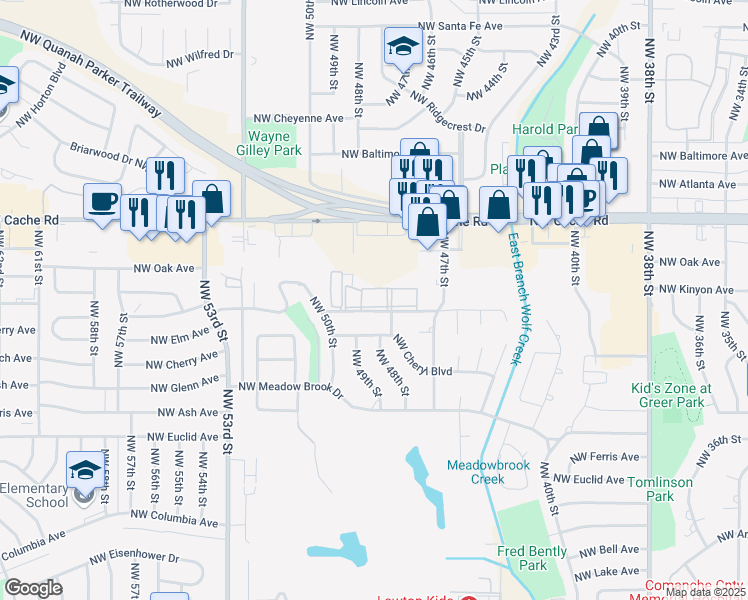 map of restaurants, bars, coffee shops, grocery stores, and more near 4804 Northwest Motif Manor Boulevard in Lawton