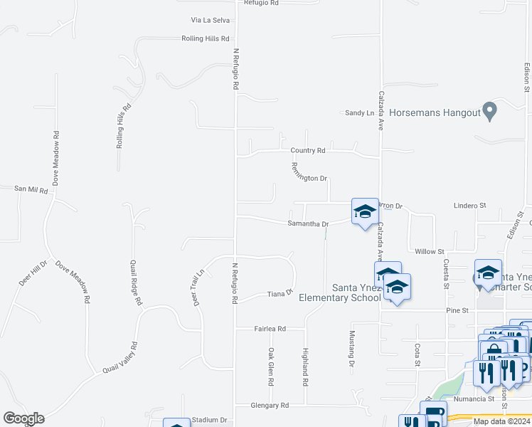map of restaurants, bars, coffee shops, grocery stores, and more near 3075 Samantha Drive in Santa Ynez