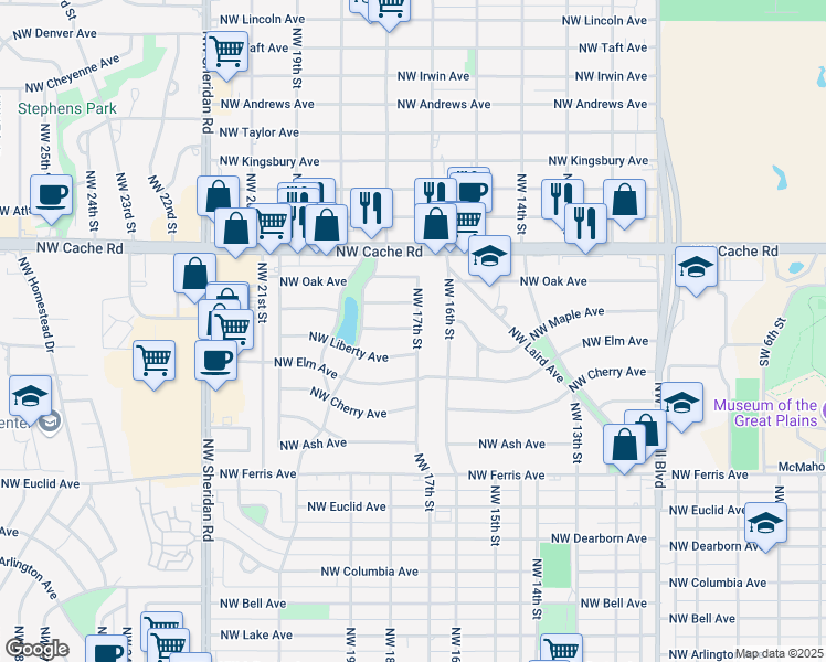 map of restaurants, bars, coffee shops, grocery stores, and more near 811 Northwest 17th Street in Lawton