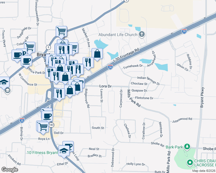 map of restaurants, bars, coffee shops, grocery stores, and more near 2110 Richland Park Drive in Bryant