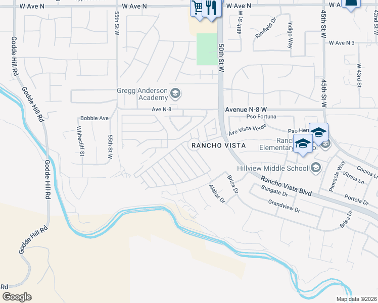 map of restaurants, bars, coffee shops, grocery stores, and more near 40701 West Rancho Vista Boulevard in Palmdale