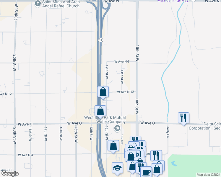 map of restaurants, bars, coffee shops, grocery stores, and more near 40610 12th Street West in Palmdale