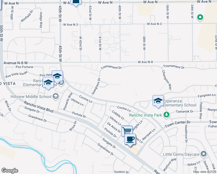 map of restaurants, bars, coffee shops, grocery stores, and more near 4064 Prestwick Lane in Palmdale