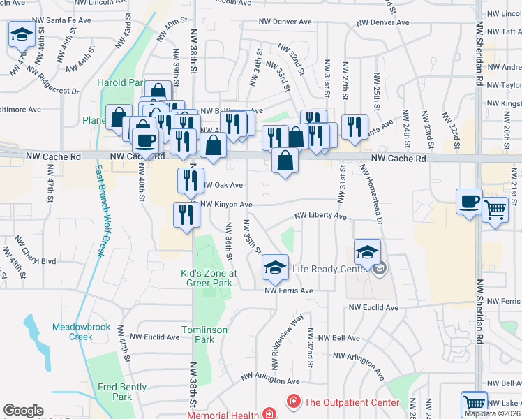 map of restaurants, bars, coffee shops, grocery stores, and more near 836 Northwest 34th Street in Lawton