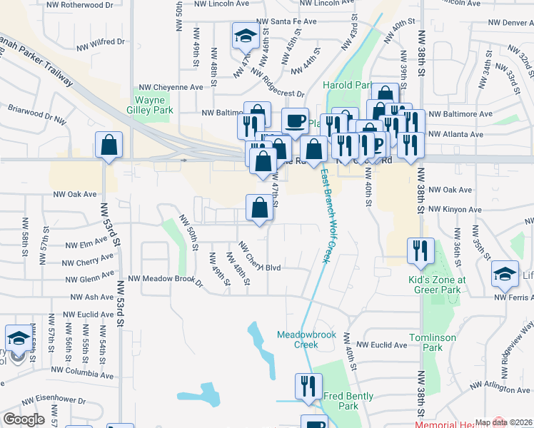 map of restaurants, bars, coffee shops, grocery stores, and more near 1102 Northwest 47th Street in Lawton