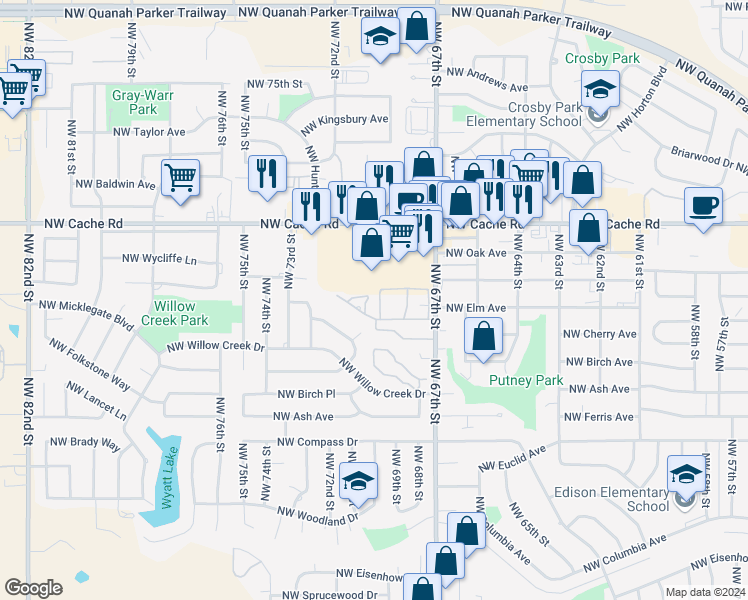 map of restaurants, bars, coffee shops, grocery stores, and more near 6907 Northwest Silver Creek Circle in Lawton
