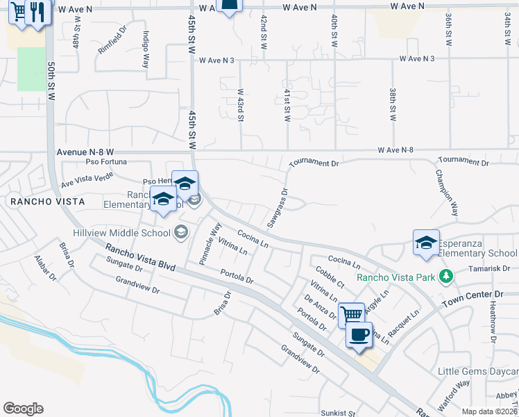 map of restaurants, bars, coffee shops, grocery stores, and more near 40624 Avenel Drive in Palmdale