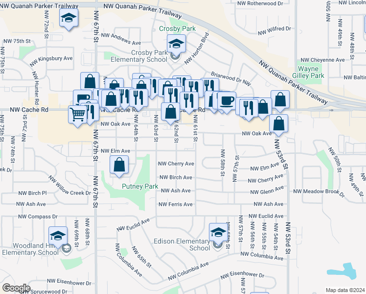 map of restaurants, bars, coffee shops, grocery stores, and more near 6111 Northwest Elm Avenue in Lawton