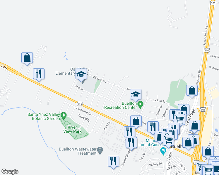 map of restaurants, bars, coffee shops, grocery stores, and more near 471 Valley Dairy Road in Buellton