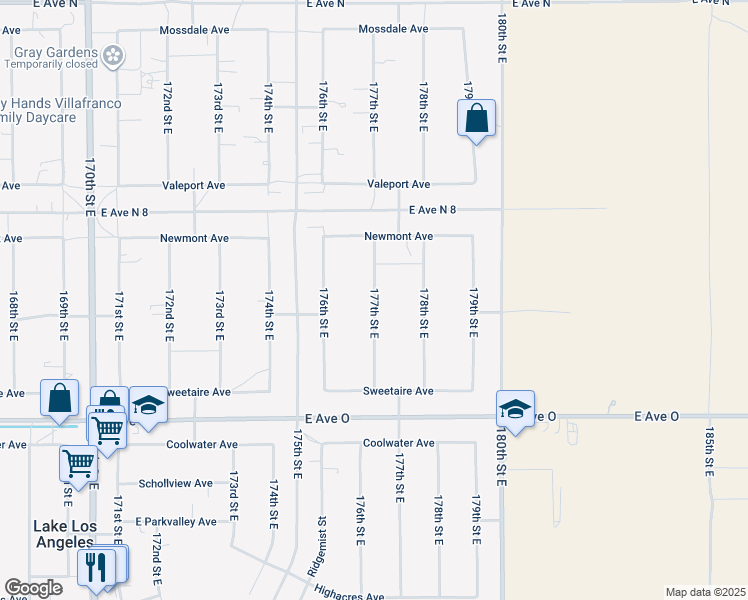 map of restaurants, bars, coffee shops, grocery stores, and more near 177th Street East in Lake Los Angeles